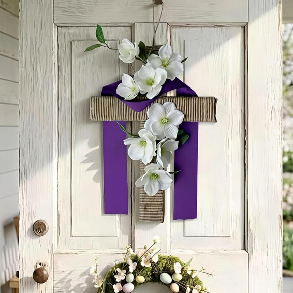 Easter Cross Wreath, 14 Inch Rustic Cross Wall Hanging With White Lily Flowers And Purple Ribbon, Spring Religious Decor For Front Door, Porch, Home, Church