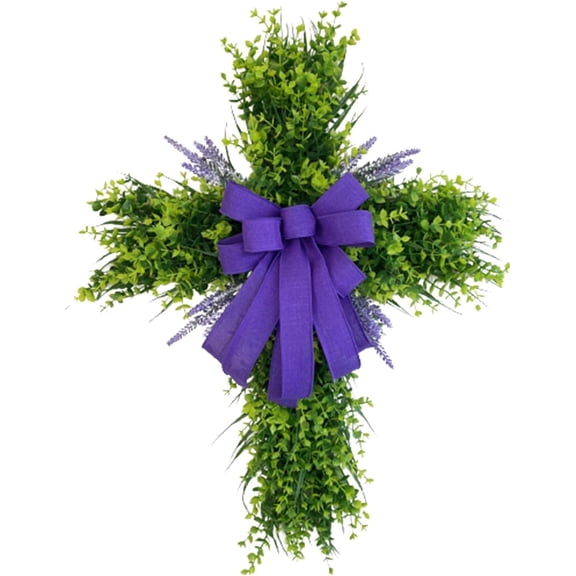 Easter Cross Wreath, 19.6" Spring Artificial Lavender Bow Wreath for Front Door, Easter Door Hanging Decoration, Awesome for Front Porch Window Wall Farmhouse Indoor Outdoor Home Decor