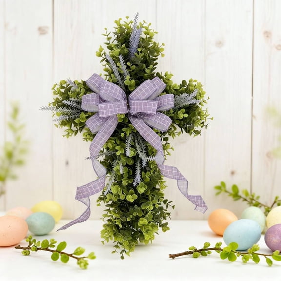 Easter Cross Wreath, Artificial Green Plant Wreath 15.75", Maintenance-Free Faux Wall Décor for Indoor & Covered Outdoor Use, Front Door Churchs Cemetery Wreath