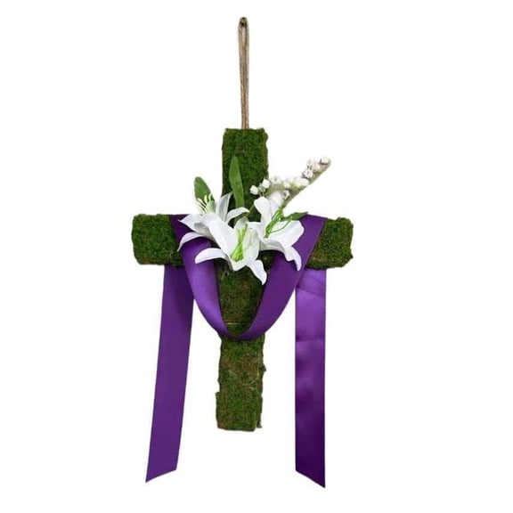 Easter Cross Wreath for Front Door, 14" Rustic Twine Wrapped Hanging Wood Cross with Lilies and Purple Ribbon, Spring Floral Door Decor for Home Wall Farmhouse Decoration