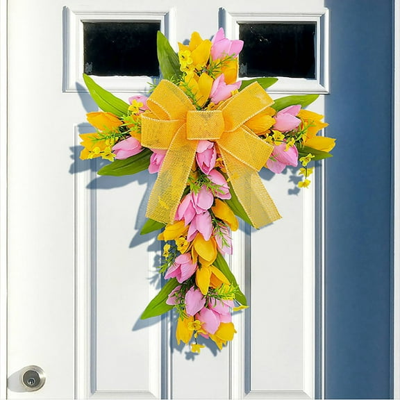 Easter Cross Wreath for Front Door,Artificial Easter Simulated Lily Cross Garland with Bow,Spring Rustic Home Door Wall Church Easter Decoration Wreaths