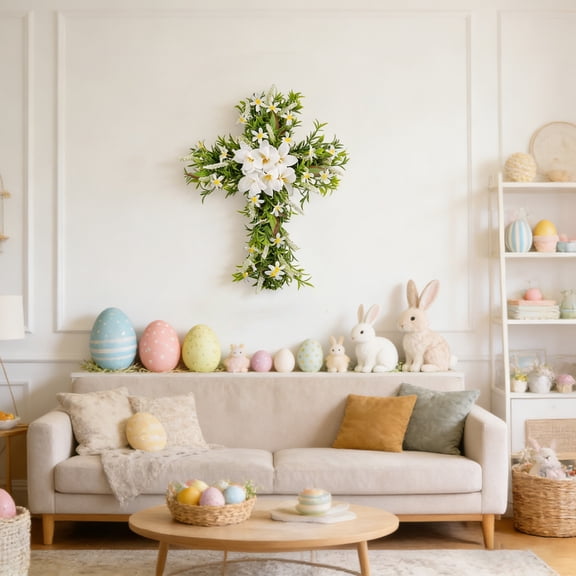 Easter Cross Wreath for Front Door, Artificial Spring Floral Crosses Wreath Sign with Flowers, Easter Hanging Decorations for Indoor Outdoor Home Porch Wall Window (Cross Wreath)_A