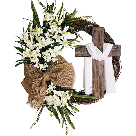 Easter Cross Wreath for Front Door, Jesus Resurrection Wreath with Burlap Bow & Lilies - Rustic Farmhouse Spring Decor, Christian Home Gift for Porch, Wall, Patio (15.7 inches)