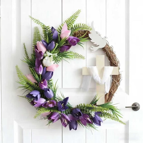 Easter Cross Wreaths for Front Door Religious Cross with Purple Tulips White Dove Door Hanging Decoration Spring Wreath Decor for Easter Church Indoor Outdoor Holiday Decor (Purple)_15.74"