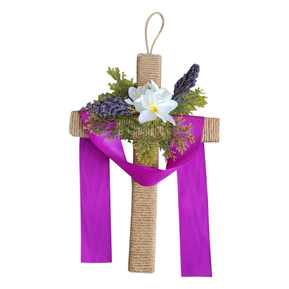 Easter Cross Wreaths for Front Door, Spring Wreath with Lily and Purple Ribbon, Rustic Twine Wrapped Hanging Ornament, Cross Wreath Hanging Signs Decor for Farmhouse Porch Wall