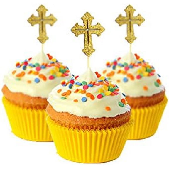 Easter Cross first communion Cupcake Topper card stock Color 12 pc Pack Decoration Gold