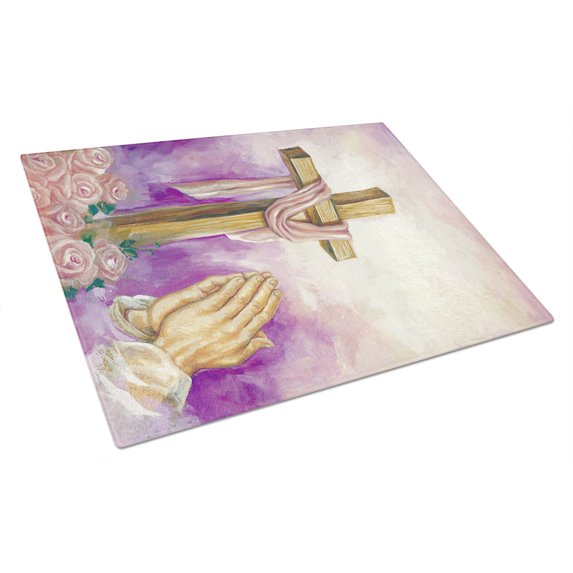 Easter Cross with Praying Hands Glass Cutting Board Large
