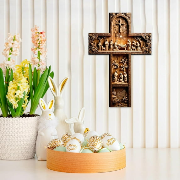 Easter Crucifix Emblem Wooden Hanging Decoration - Warm Wall Decor for Front Door, Porch & Entryway - Festive Holiday Ornament for Easter Blessings & Home Decor, A, 1pc