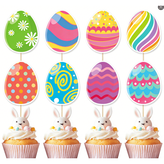 Easter Cupcake Decorations 8 Pack, Cute Egg Rabbit Toppers, Paper Cake Picks for Desserts Muffins, Spring Party Supplies, Easter Baking Decor