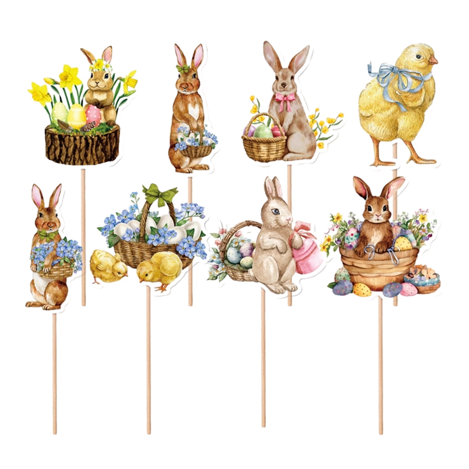 Easter Cupcake Toppers, 8pcs Cartoon Paper Bunny Cupcakes Toppers, Room Ornaments Cake Picks with Clear Printing for Photo Wall, Photo Booth Background, Candy Box