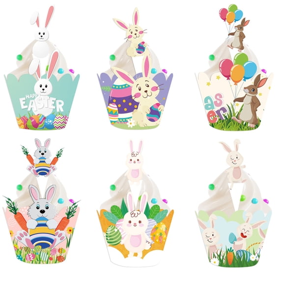 Easter Cupcake Toppers And Wrappers Set, 6Pcs Bunny Truck Dessert Decor For Spring Birthday Party, Baking Decoration, 4.72X3.14In