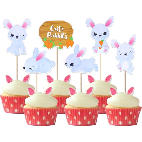 Easter Cupcake Toppers Double Sided Rabbit Carrot Bunny Cupcake Picks for Easter Spring Birthday Theme Cupcake Decorations Party Supplies