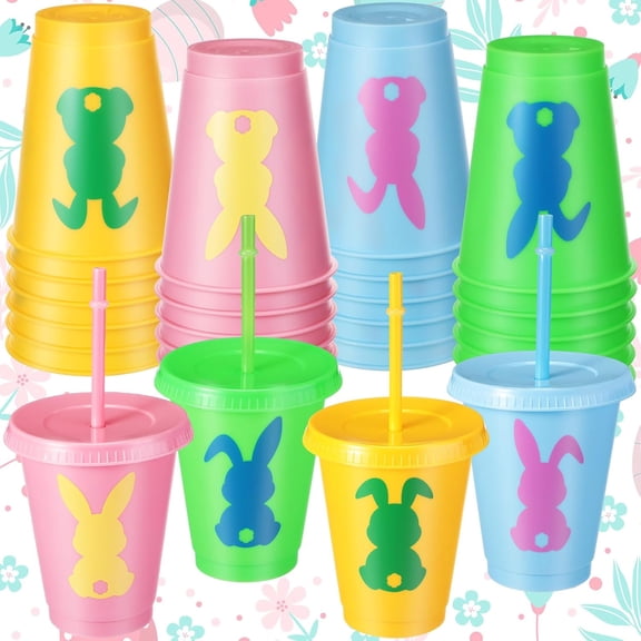 Easter Cups with Straw and Lid Reusable Plastic Bunny Cups for Party Supplies