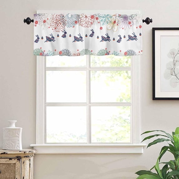 Easter Curtain Valances for Windows, Colorful Flowers Print Rabbits Eggs White Rod Pocket Valance Window Treatments Short Curtains for Kitchen Bathroom Living Room