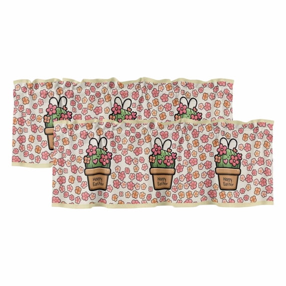 Easter Curtain Valances for Windows, Kitchen Valance Window Treatments Panel 2 Pack, Bunny Ears Spring Pink Flowers Potted Plant Rustic Rod Pocket Short Curtains for Bathroom Bedroom 54 x 18 Inch