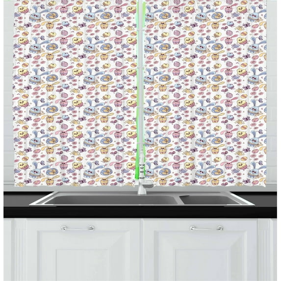 Easter Curtains 2 Panels Set, Cheerful Kids Pattern with Funny Bunny and Chicken Characters Flowers Butterflies, Window Drapes for Living Room Bedroom, 55W X 39L Inches, Multicolor, by Ambesonne
