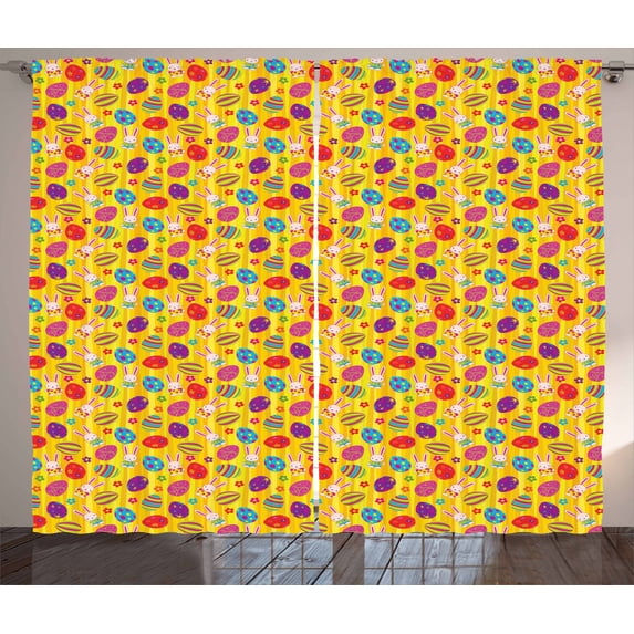 Ambesonne Easter Curtains 2 Panel Set, Bunnies Daisies Funky, 108" x 96", Multicolor