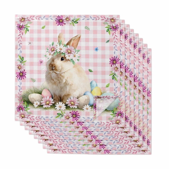 Easter Cute Bunny Cloth Napkins, Colorful Eggs Spring Daisy Flowers Pink Plaid Washable and Reusable Dinner Napkins Set of 8, Table Napkin for Kitchen Party Birthday Wedding Hotel 20"x20"
