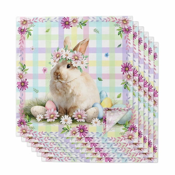 Easter Cute Bunny Cloth Napkins, Eggs Spring Daisy Flowers Colorful Striped Washable and Reusable Dinner Napkins Set of 6, Table Napkin for Kitchen Party Birthday Wedding Hotel Housewarming 20"x20"