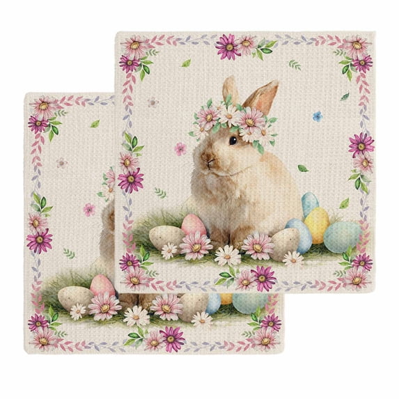 Easter Cute Bunny Kitchen Dish Towels for Drying Dishes Set of 2, Eggs Spring Daisy Flowers Vintage Waffle Weave Microfiber Hand Tea Bathroom Towels Quick Dry & Absorbent Towel 12x12