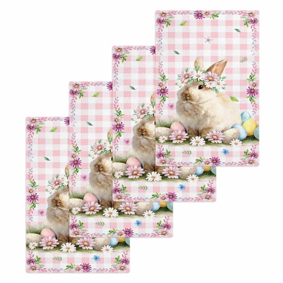 Easter Cute Bunny Kitchen Dish Towels for Drying Dishes Set of 4, Colorful Eggs Spring Daisy Flowers Pink Plaid Waffle Weave Microfiber Hand Tea Bathroom Towels Quick Dry & Absorbent Towel 15.7x23.6
