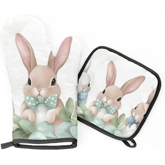 Easter Cute Bunny Oven Mitts and Pot Holders Set of 2, Eucalyptus Leaf Heat Resistant Oven Mitts Kitchen Oven Glove for Cooking, Baking