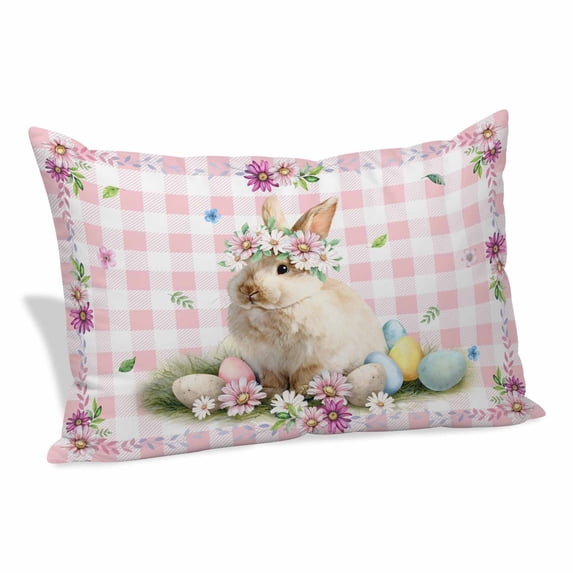 Easter Cute Bunny Pillow Covers 16"x24", Colorful Eggs Spring Daisy Flowers Pink Plaid Soft Brushed Microfiber Breathable Throw Pillow Covers, Decorative Pillowcase with Zipper for Couch Sofa Bedroom
