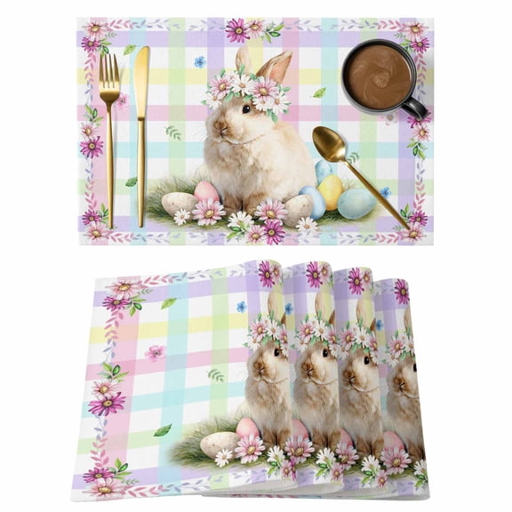 Easter Cute Bunny Placemats Set of 4 Eggs Spring Daisy Flowers Colorful Striped Place Mats Indoor Wipeable Table Mats Washable Dining Table Placemats for Kitchen Holiday Party Home Decor 13x19 Inch