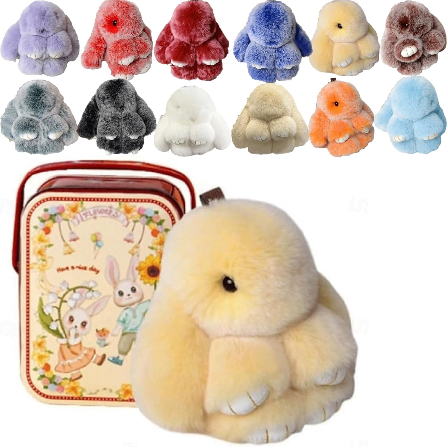 Easter Cute Bunny Plush Keychain With Tin Box,Soft Mini Rabbit Bag ...