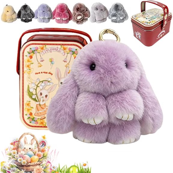 Easter Cute Bunny Plush Keychain with Gift Box - Handmade Fuzzy Bunny Furry Keychain for Women, Soft Bag Charm