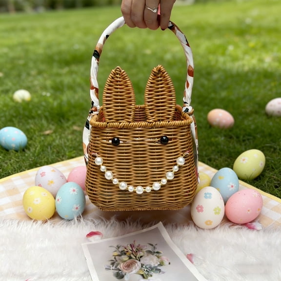 Easter Cute Bunny Rattan Style Plastic Storage Basket Brown, Large Capacity Woven Basket for Easter Candy Home Decor, Portable Beaded Handle Basket for Living Room Gift
