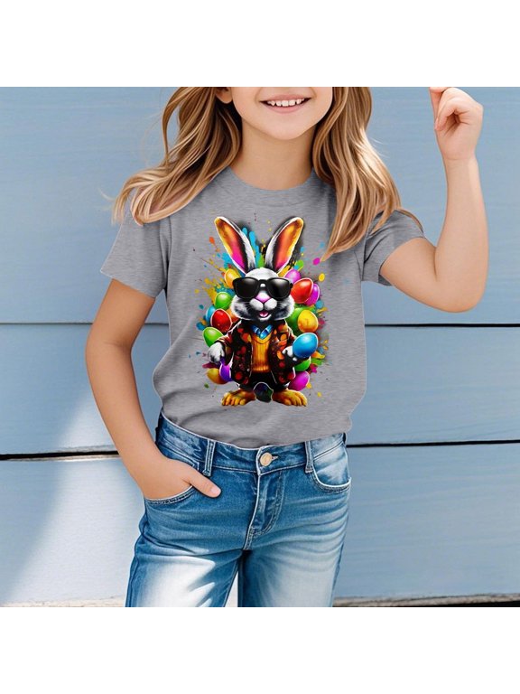Easter Cute Bunny Shirt Leopard Rabbit Tshirt Cute Egg Holiday Funny Gift Tops Cute Easter Casual Short Sleeve Gift Tops for Little Girl Easter Baseball Bunny Short Sleeve Tops (Grey,3-4 Years)
