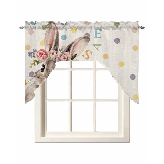 Easter Cute Bunny Swag Valances for Windows, Small Curtains Drapes, Farmhouse Polka Dot Rabbit Rustic Kitchen Window Curtains Over Sink Window Treatment Valance for Bedroom/Bathroom 56"x36"