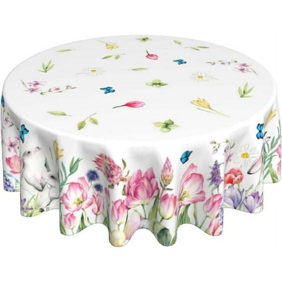 Easter Cute Bunny Table Cloth Pink Purple White Floral Butterfly Decorative Tablecloth Round 60 Inch Spring Flowers Washable Table Cover For Holiday Party Home Kitchen Dinning Room Picnic Decor