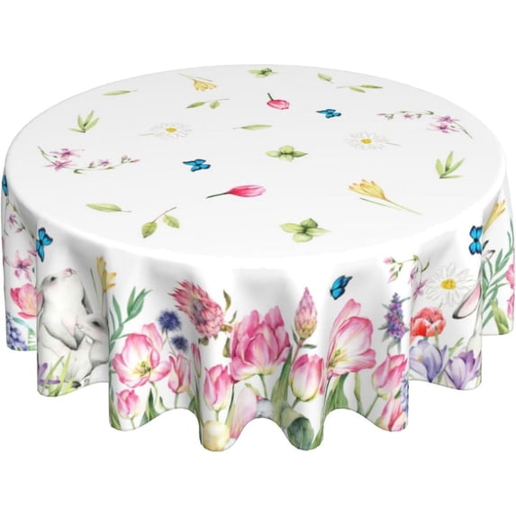 Easter Cute Bunny Table Cloth Pink Purple White Floral Butterfly Decorative Tablecloth Round 60 Inch Spring Flowers Washable Table Cover For Holiday Party Home Kitchen Dinning Room Picnic Decor