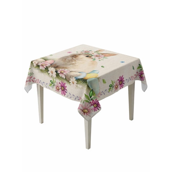 Easter Cute Bunny Table Cloth, Waterproof Tablecloth for Square Tables, Eggs Spring Daisy Flowers Vintage Reusable Washable Fabric Table Cover for Restaurant Kitchen Dining Tables 60"x60"