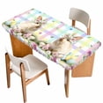 thumbnail image 1 of Easter Cute Bunny Table Cloths for 5 Foot Rectangle Tables, Eggs Spring Daisy Flowers Colorful Striped Patio Waterproof Elastic Fitted Tablecloths, Washable Rectangular Table Cover for Camping, 1 of 8
