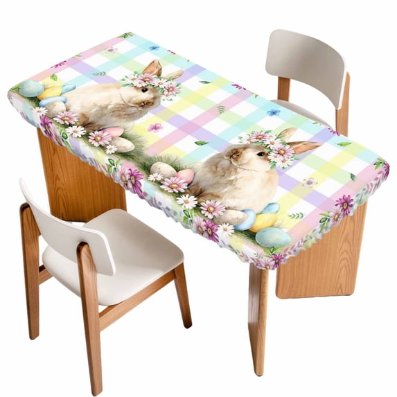 Easter Cute Bunny Table Cloths for 5 Foot Rectangle Tables, Eggs Spring Daisy Flowers Colorful Striped Patio Waterproof Elastic Fitted Tablecloths, Washable Rectangular Table Cover for Camping