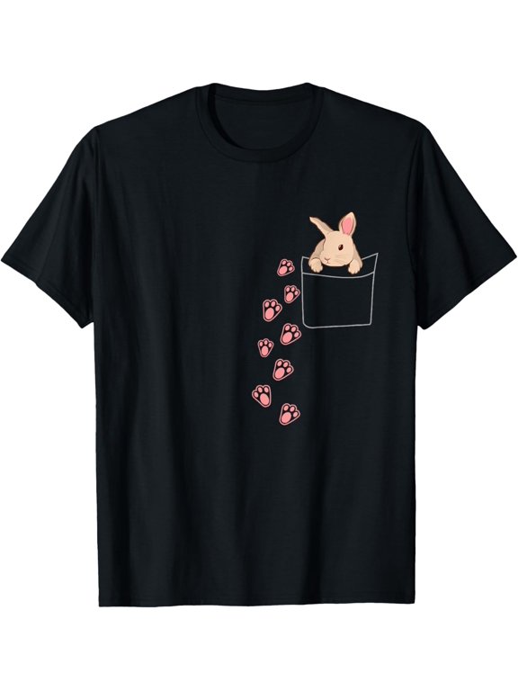 Easter Cute Bunny in Shirt Pocket Tee Rabbit Footprints T-Shirt men and women can wear, black, white, gifts