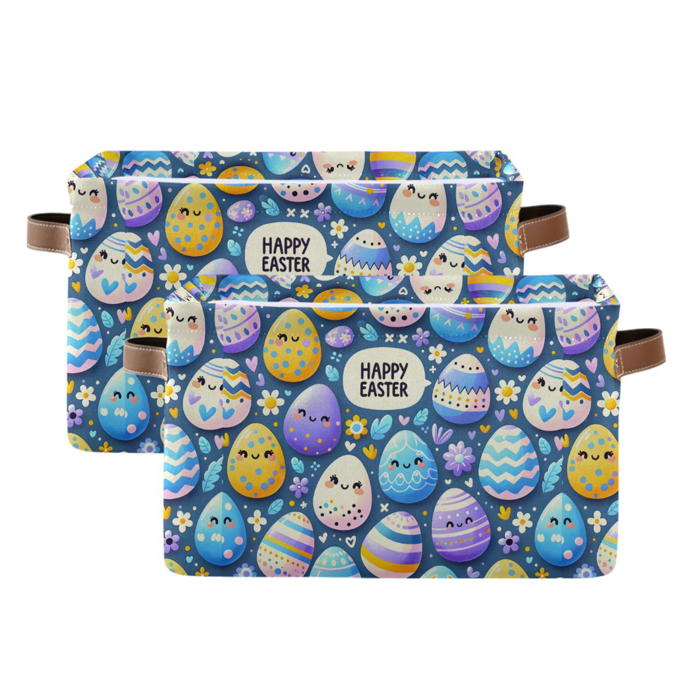 Easter Cute Egg Storage Bins with Handle Fabric Organizer Basket Foldable Box 2 Pack 14.2x10.2x8.3