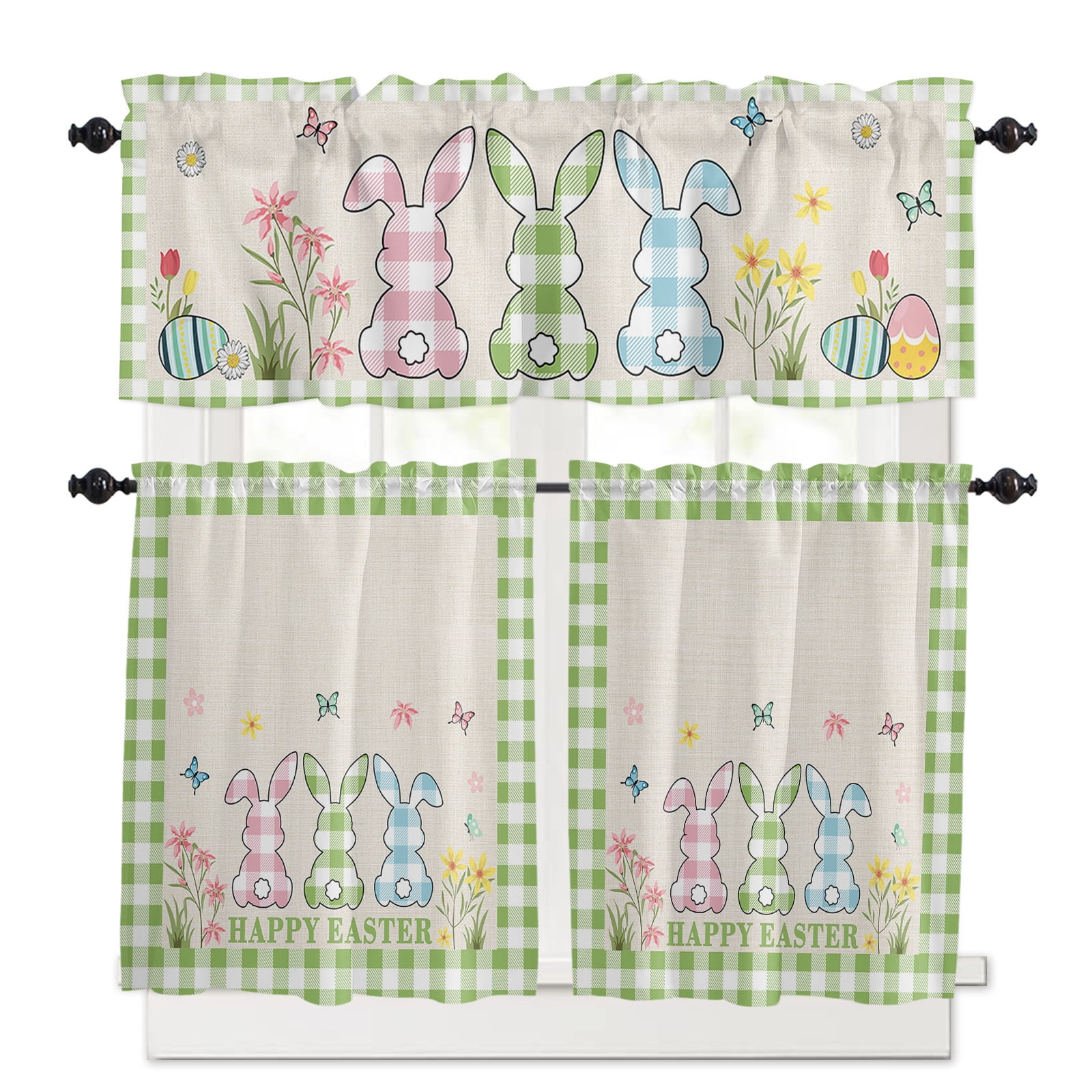 Easter Cute Kitchen Curtains Valances and Tiers Set of 3 Buffalo Plaid ...