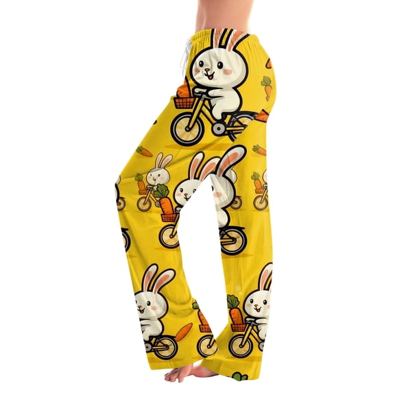 Easter Cute Pajamas for Women Drawstring Bunny Egg Print Casual Lounge Pants Elastic Waist Trendy Lounge Pants Wide Leg Sleep Casual Fit with Pockets Pajama Pants, #353 Yellow XXL
