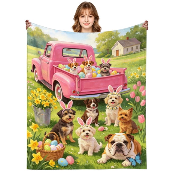 Easter Cute Puppies Blanket Gifts for Women Men Adults Dog Lovers,Warm Lightweight Colorful Easter Eggs Puppy Throw Blankets for Couch Bed Sofa Decor Easter 50x40 Inch