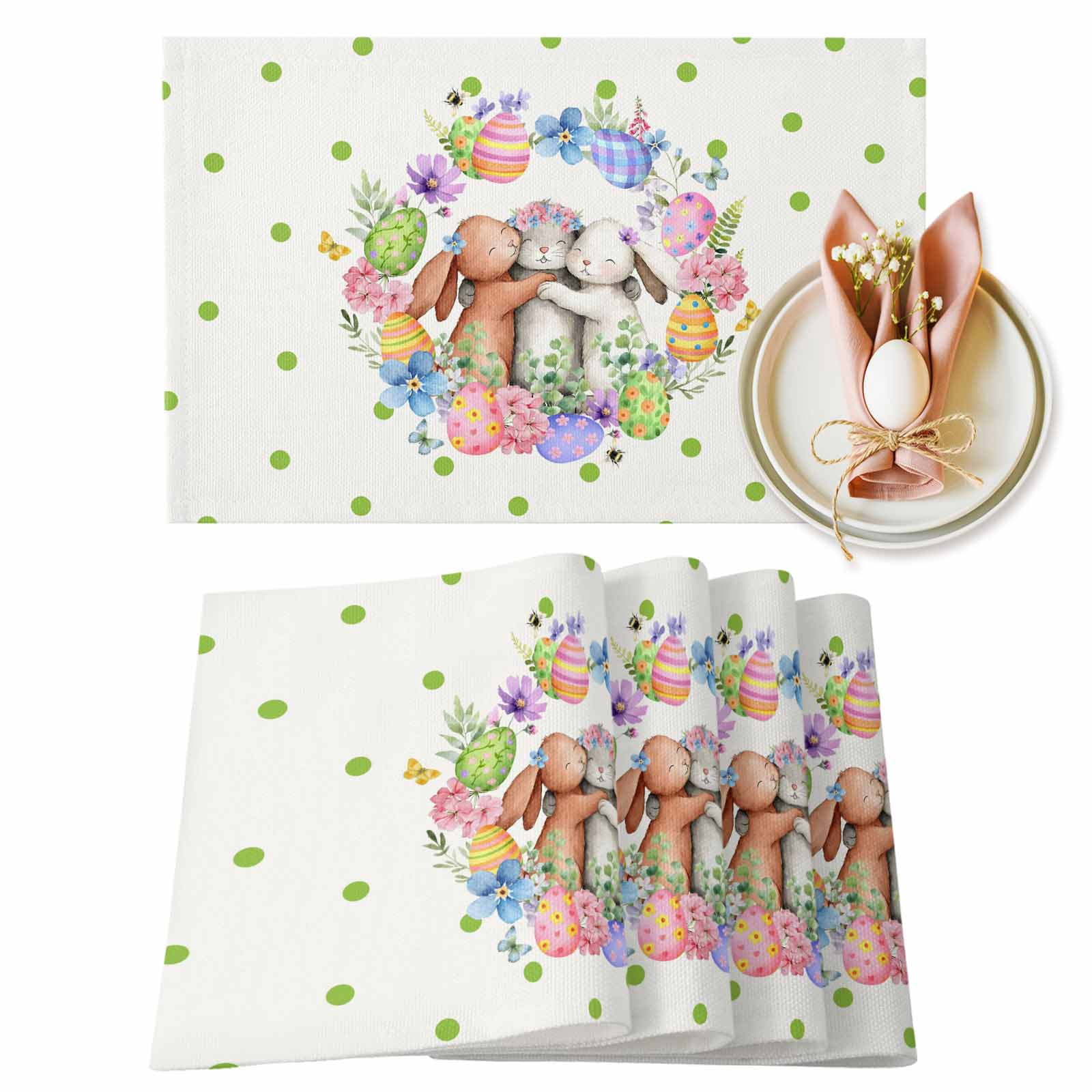 Pink Rabbit Mat Easter Cute Rabbit Placemats Set of 1, Color Egg Pink Blue Flower ...