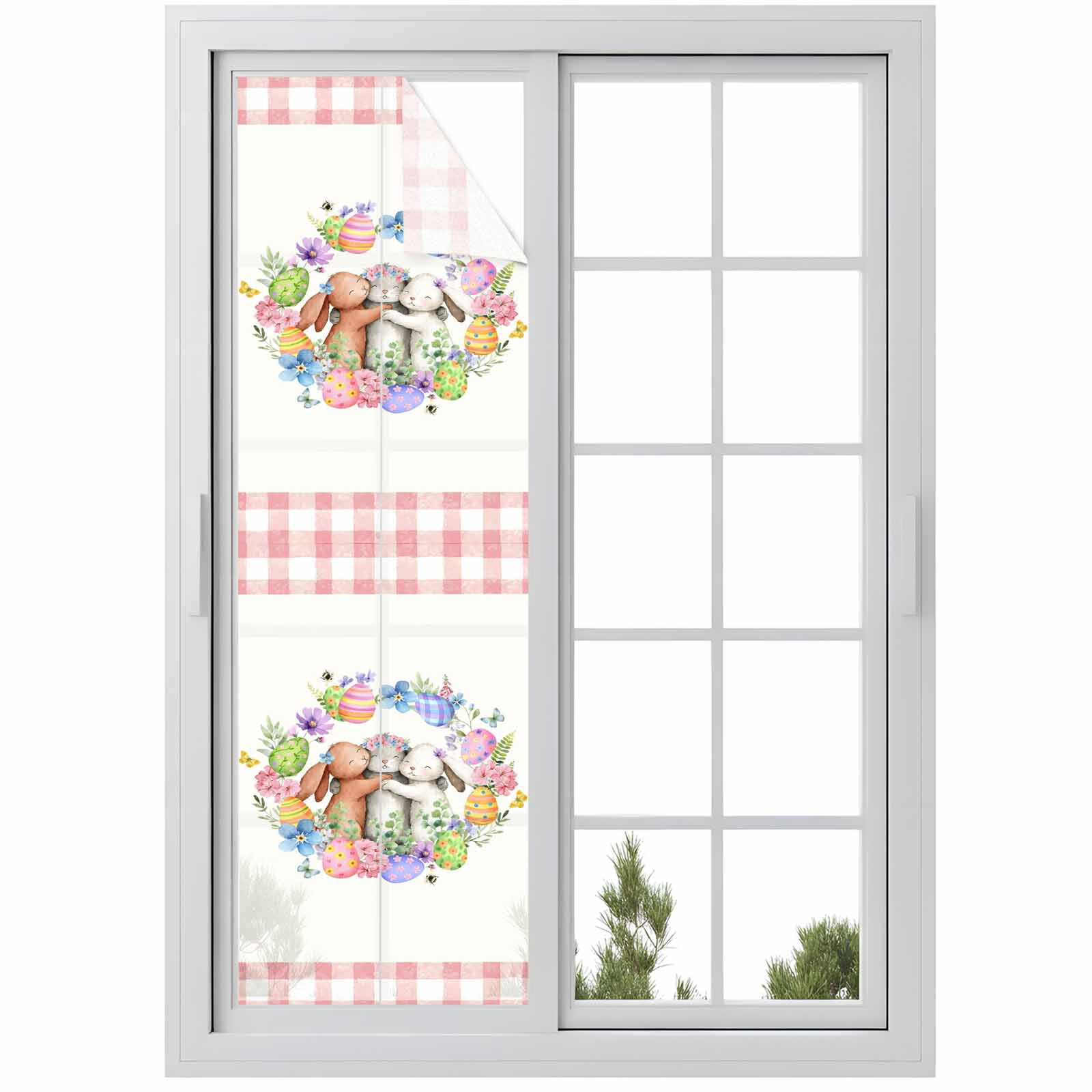 Easter Cute Rabbit Window Privacy Film, Color Eggs Pink Blue Flower Eucalyptus Leaf Pink Plaid Frosted Glass Window Clings Static Cling UV Heat Blocking Reusable Sticker for Bedroom 29.5x118 Inch