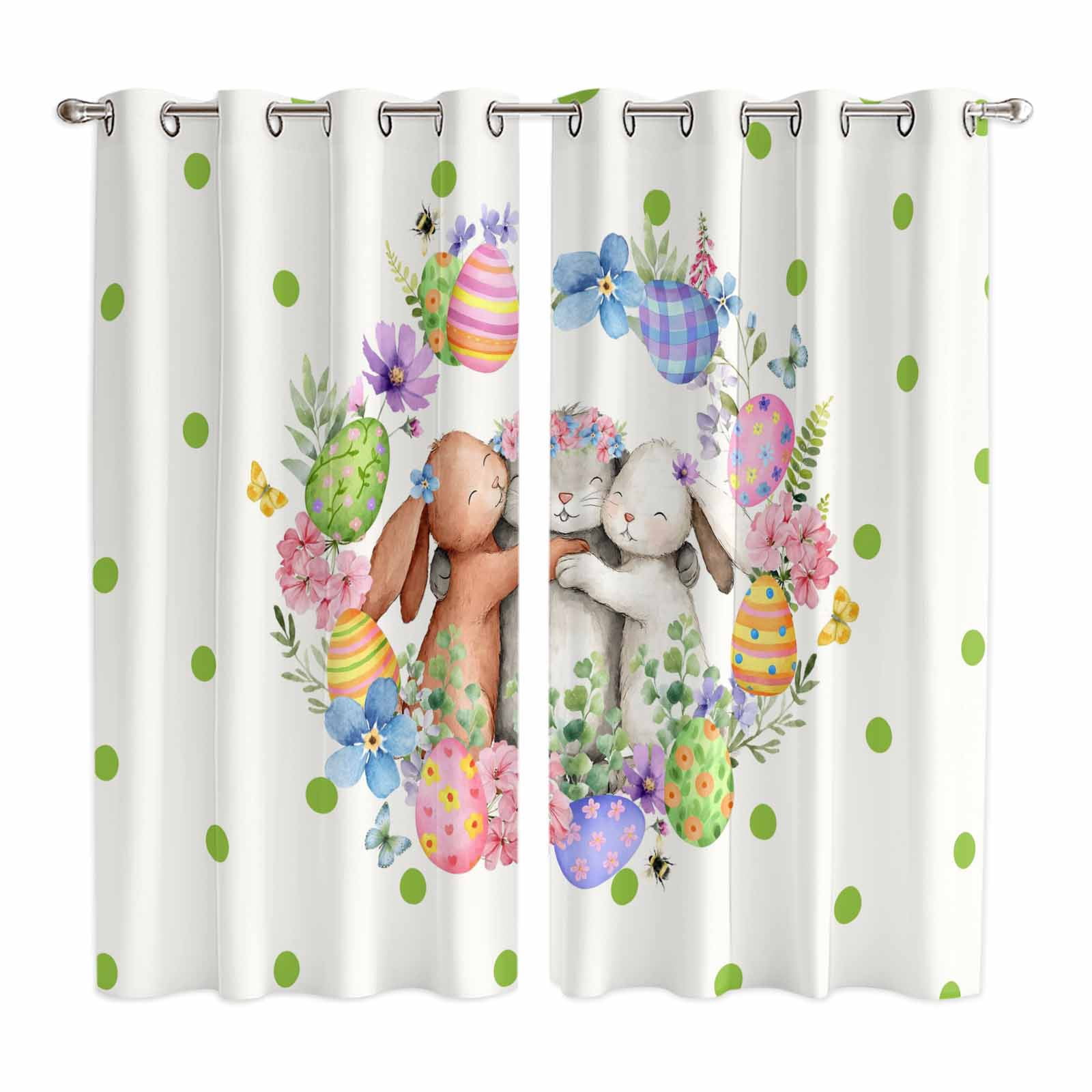 Easter Cute Rabbits Kitchen Curtains Window Panels, Colorful Eggs Pink ...
