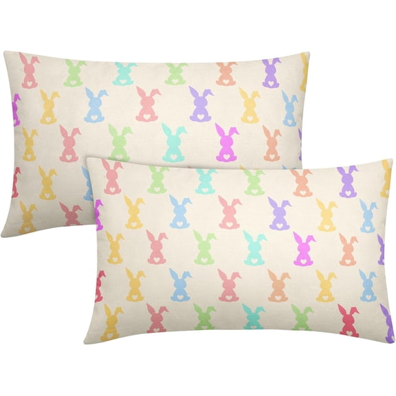 Easter Cute Rabbits Pillow Covers 12x20 Inches Colorful Bunny Throw Pillow Case Set of 2 Easter Spring Pillow Cover Cotton Linen Cushion Cover for Home Couch Sofa Bedroom Livingroom