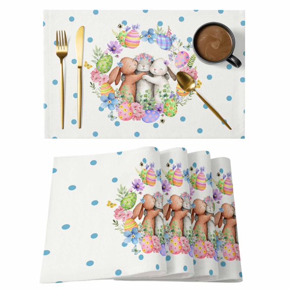 Easter Cute Rabbits Placemats Set of 12, Colorful Eggs Country Flowers Blue Pot Placemats for Dining Table, Place Mats for Kitchen Tabletop, Waterproof Wipeable Dining Table Mats Set