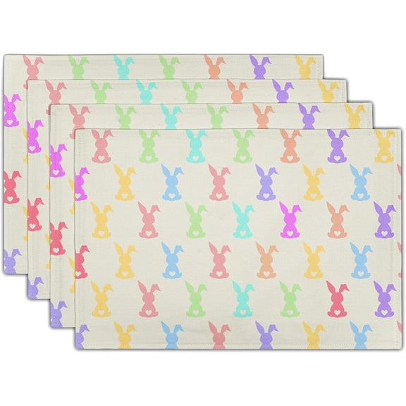 Easter Cute Rabbits Placemats Set of 4, Colorful Bunny Placemats Table Mats, 12 x 18in Washable Heat Resistant Linen Spring Place Mats for Home Kitchen Dining Holiday Party