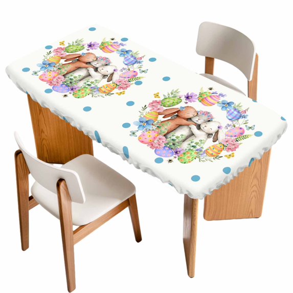 Easter Cute Rabbits Table Cloths for 5 Foot Rectangle Tables, Colorful Eggs Country Flowers Blue Pot Patio Waterproof Elastic Fitted Tablecloths, Washable Rectangular Table Cover for Camping
